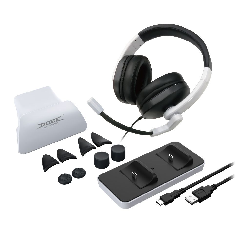 Dobe TP5-0578B PlayStation 5 – 12-in-1 Game Set with Headphones, Stand, Cable, Charge Base, Extenders & Grips