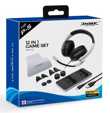Dobe, TP5-0578B, PlayStation 5, 12 in 1 Game Set, Headphones, Stand, Cable, Charge Base, Extenders & Grips