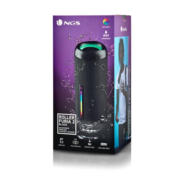 NGS, ROLLER FURIA 2 BLACK IPX7 WATERPROOF 30W BT SPEAKER USB/FM/TF/AUX IN- 9H BATTERY